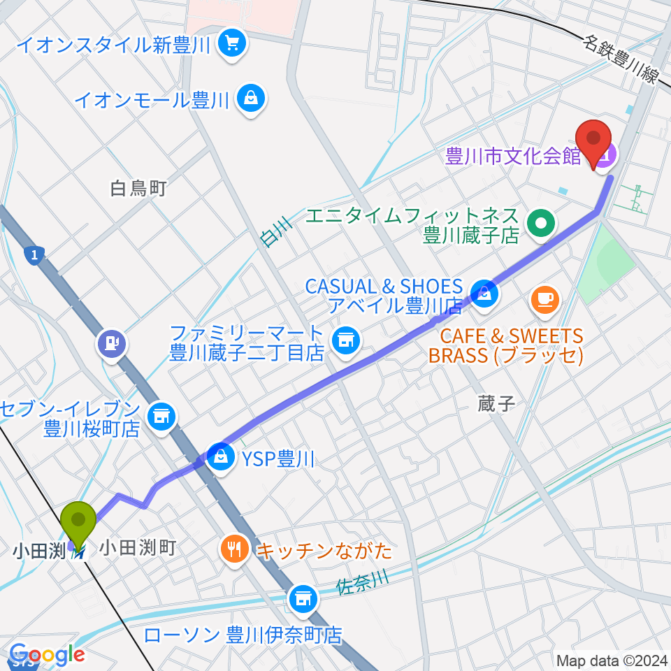 小田渕駅から豊川市文化会館へのルートマップ地図