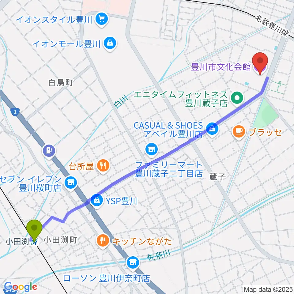 小田渕駅から豊川市文化会館へのルートマップ地図