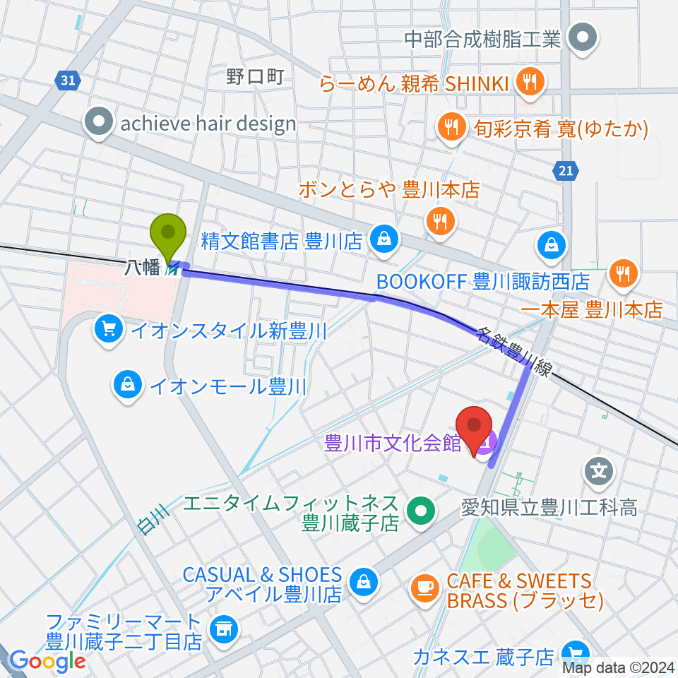 八幡駅から豊川市文化会館へのルートマップ地図