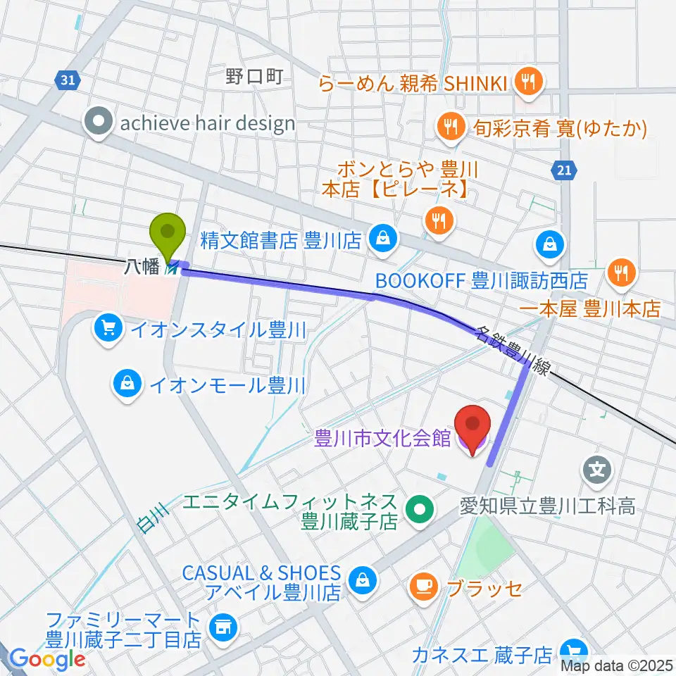 八幡駅から豊川市文化会館へのルートマップ地図