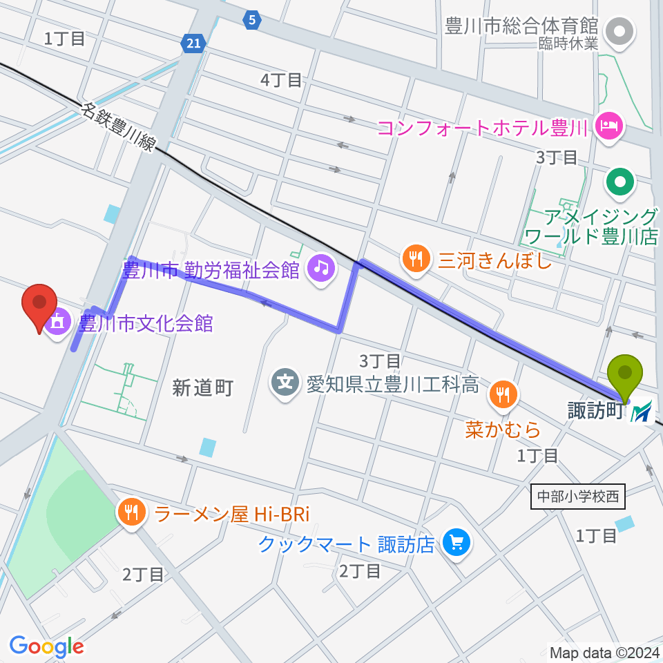 豊川市文化会館の最寄駅諏訪町駅からの徒歩ルート（約14分）地図