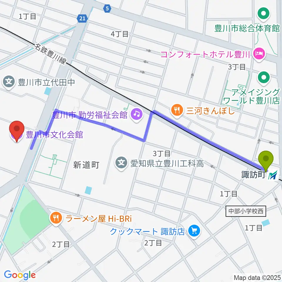 豊川市文化会館の最寄駅諏訪町駅からの徒歩ルート（約14分）地図