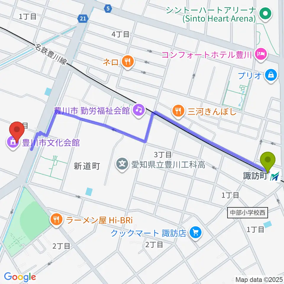 豊川市文化会館の最寄駅諏訪町駅からの徒歩ルート（約14分）地図