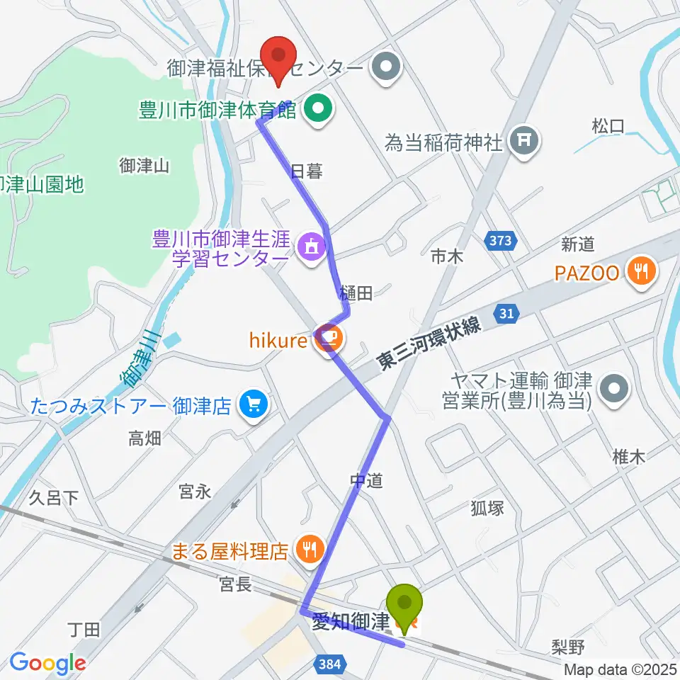 豊川市御津文化会館 ハートフルホールの最寄駅愛知御津駅からの徒歩ルート（約13分）地図