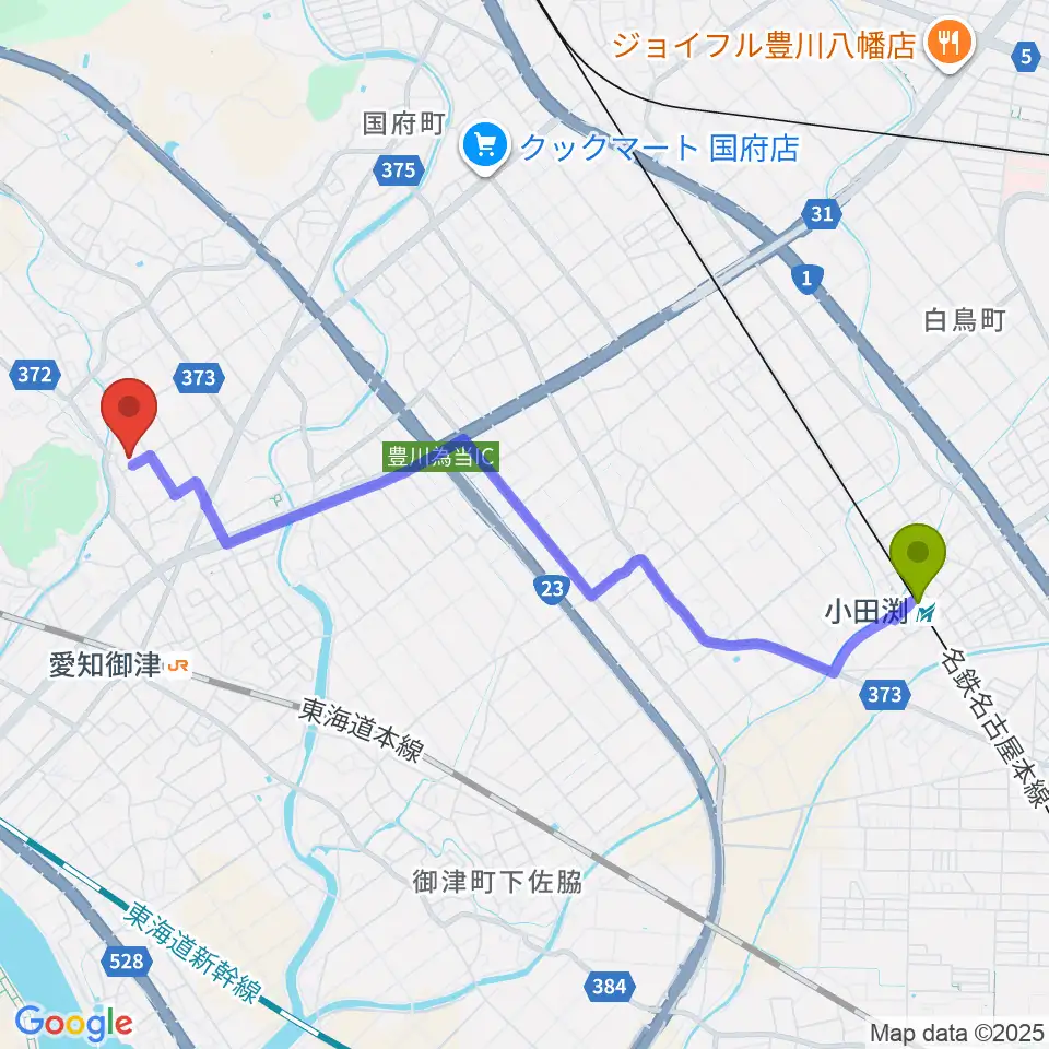 小田渕駅から豊川市御津文化会館 ハートフルホールへのルートマップ地図