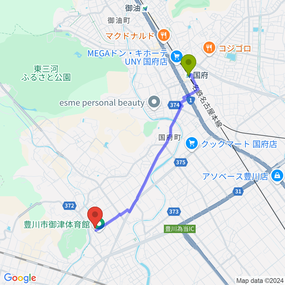 国府駅から豊川市御津文化会館 ハートフルホールへのルートマップ地図