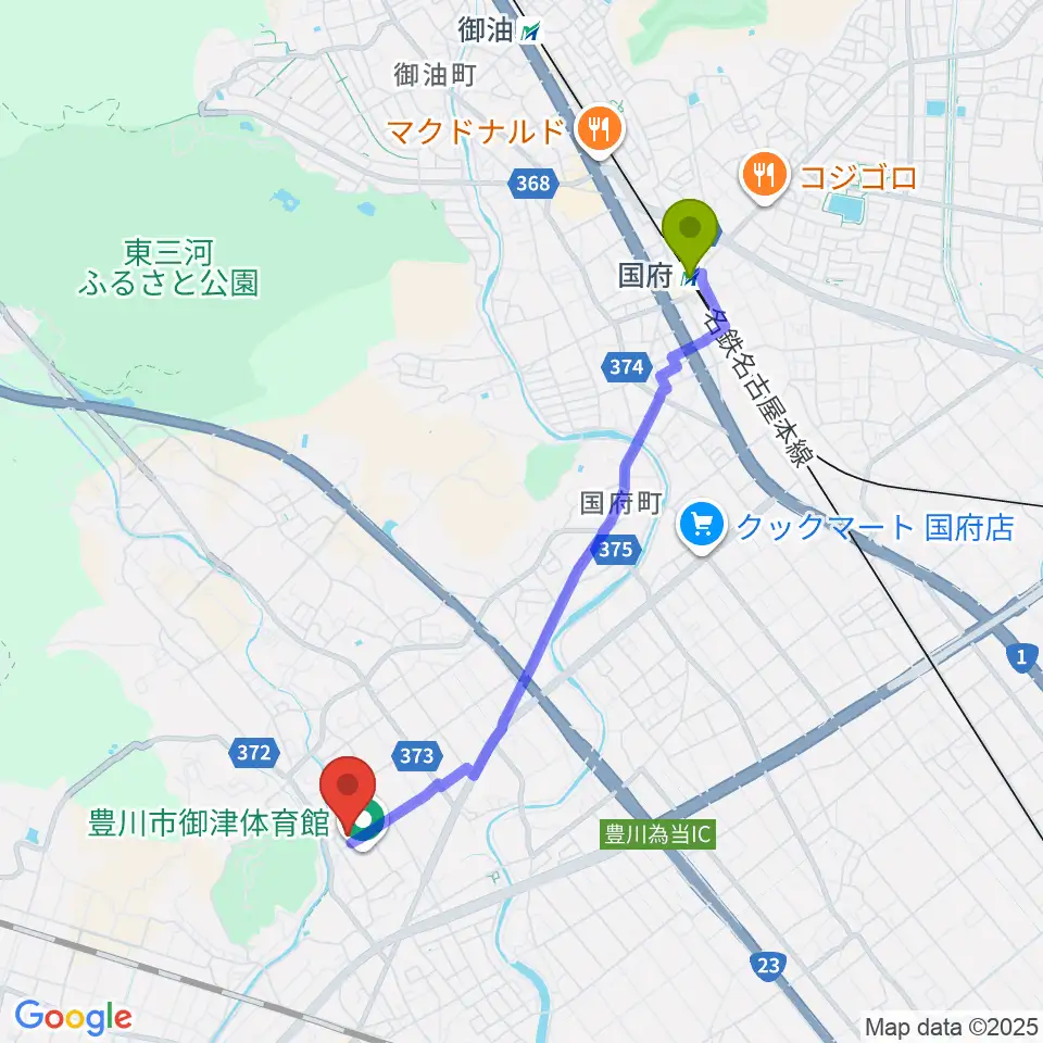 国府駅から豊川市御津文化会館 ハートフルホールへのルートマップ地図