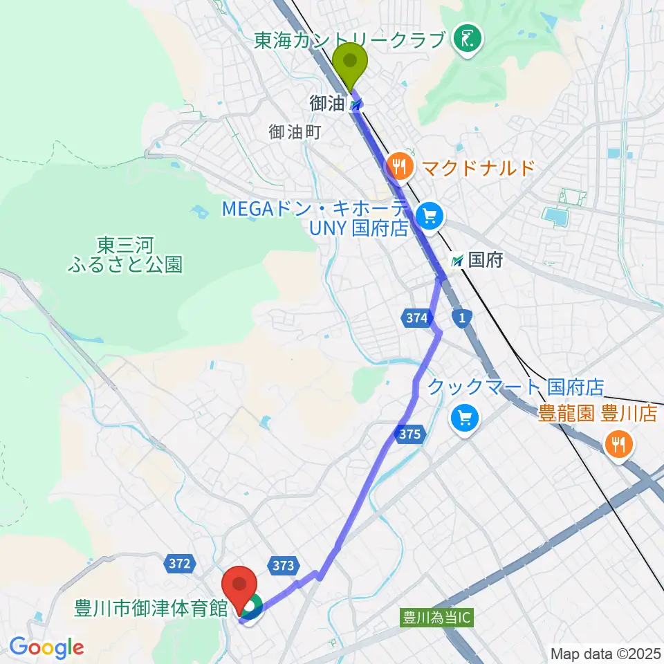 御油駅から豊川市御津文化会館 ハートフルホールへのルートマップ地図