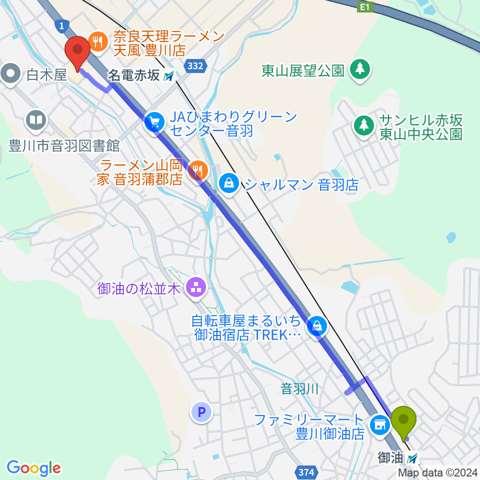 御油駅から豊川市音羽文化ホール ウィンディアホールへのルートマップ地図