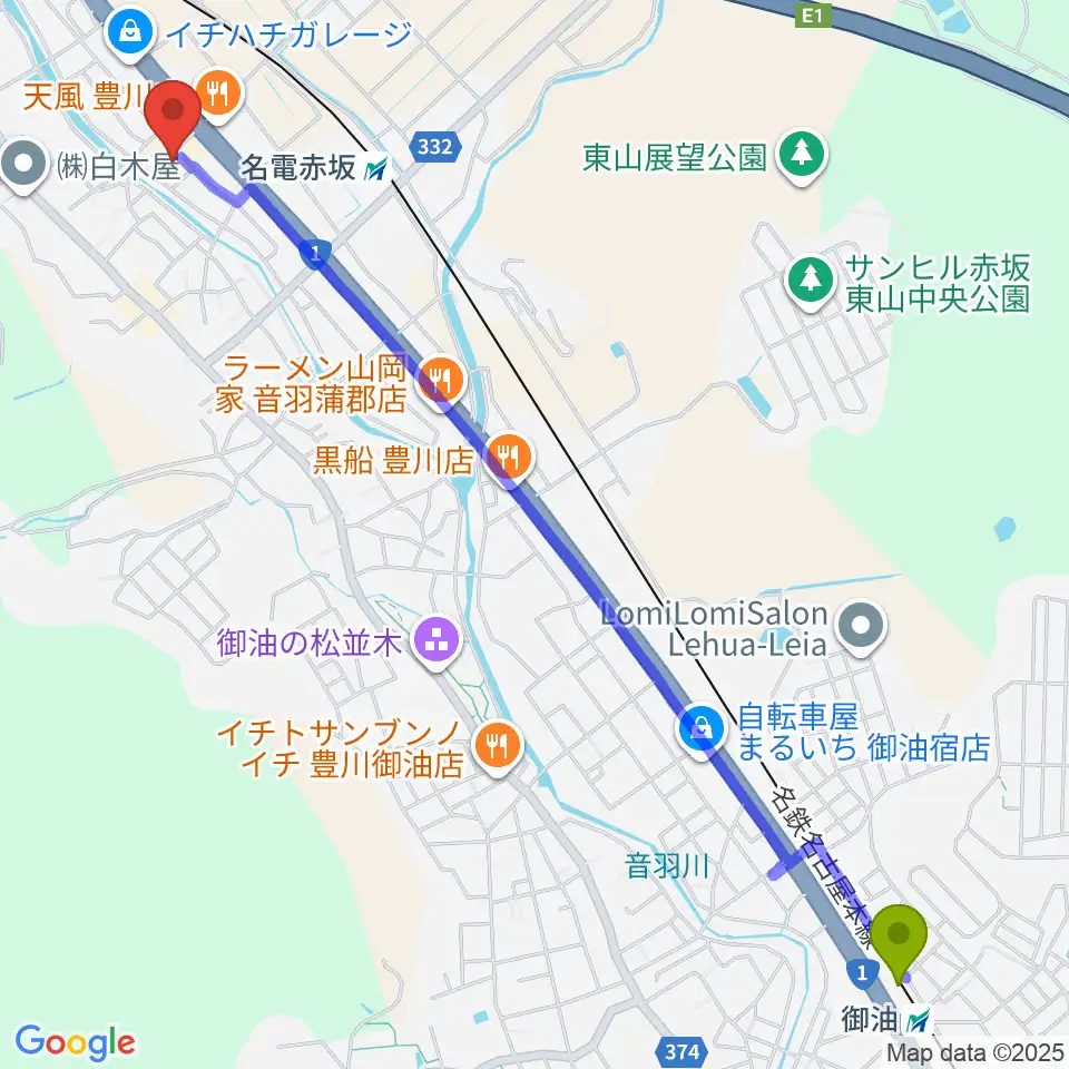 御油駅から豊川市音羽文化ホール ウィンディアホールへのルートマップ地図