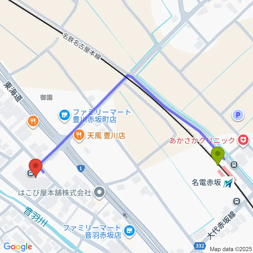 豊川市音羽文化ホール ウィンディアホールの最寄駅名電赤坂駅からの徒歩ルート（約6分）地図