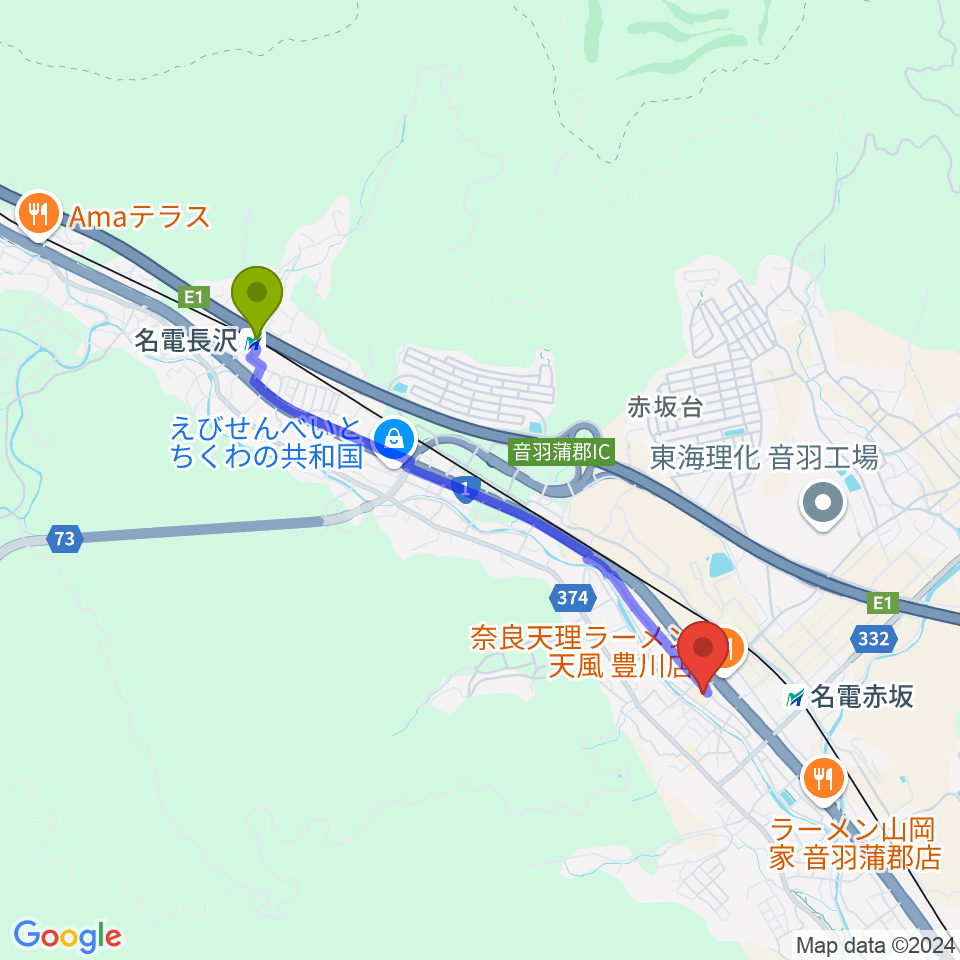 名電長沢駅から豊川市音羽文化ホール ウィンディアホールへのルートマップ地図