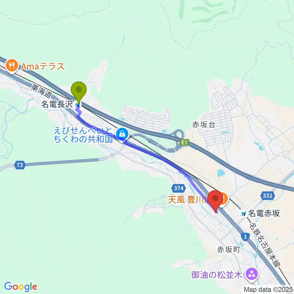 名電長沢駅から豊川市音羽文化ホール ウィンディアホールへのルートマップ地図