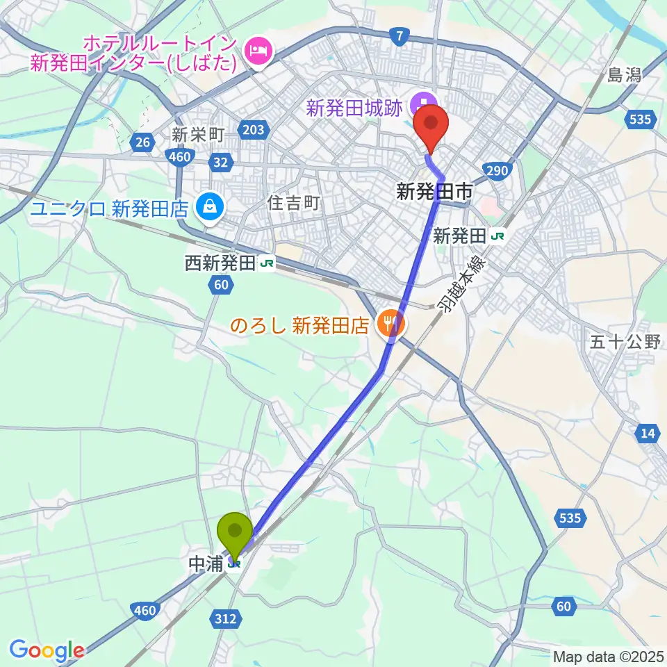 中浦駅から新発田市民文化会館へのルートマップ地図