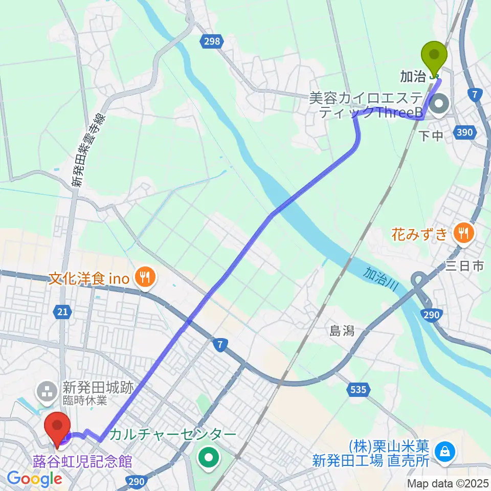 加治駅から新発田市民文化会館へのルートマップ地図