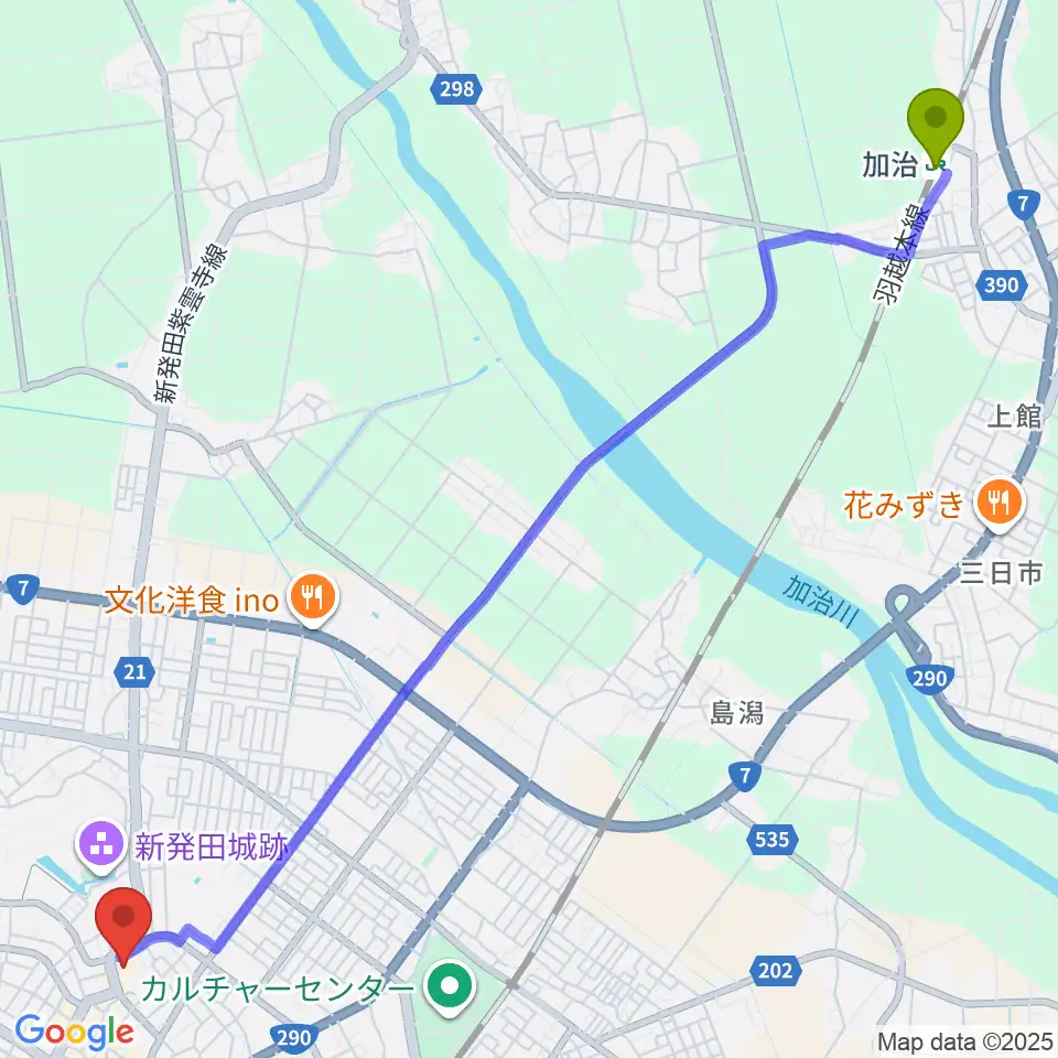 加治駅から新発田市民文化会館へのルートマップ地図