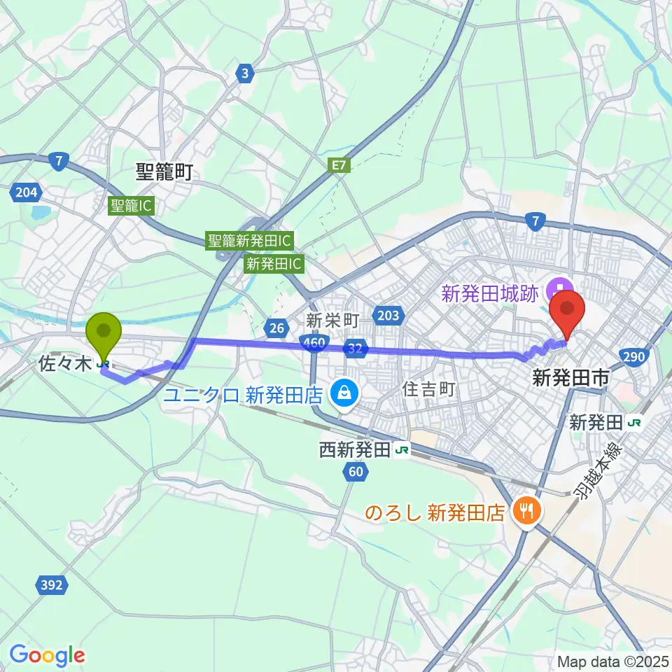 佐々木駅から新発田市民文化会館へのルートマップ地図