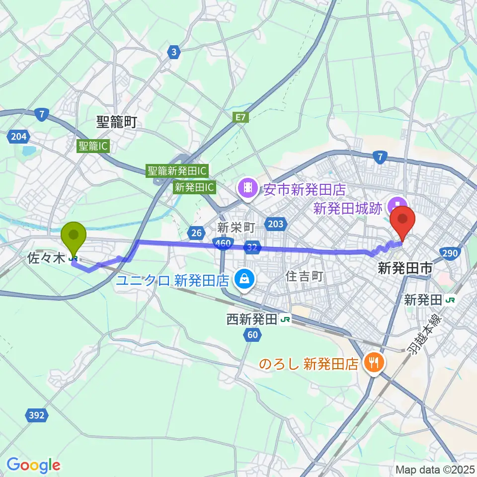 佐々木駅から新発田市民文化会館へのルートマップ地図