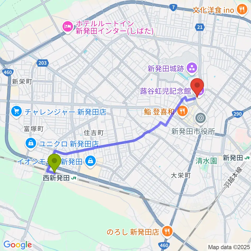 西新発田駅から新発田市民文化会館へのルートマップ地図