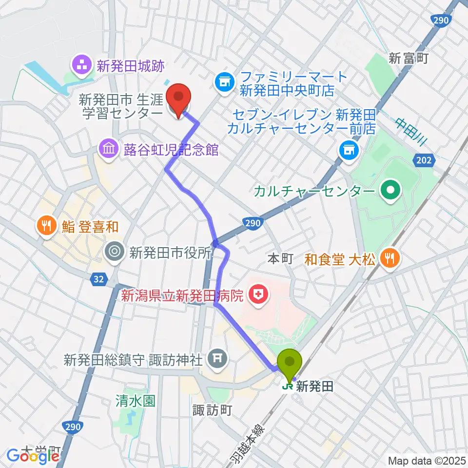 新発田市生涯学習センターの最寄駅新発田駅からの徒歩ルート（約18分）地図