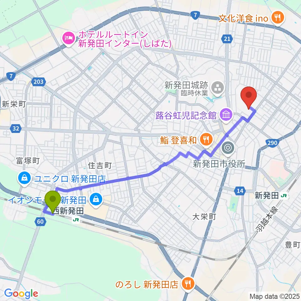 西新発田駅から新発田市生涯学習センターへのルートマップ地図