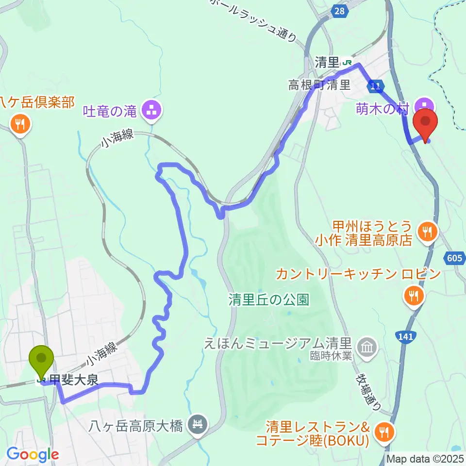 甲斐大泉駅から萌木の村オルゴール館ホール・オブ・ホールズへのルートマップ地図