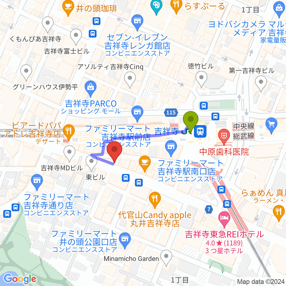 曼荼羅の最寄駅吉祥寺駅からの徒歩ルート（約2分）地図