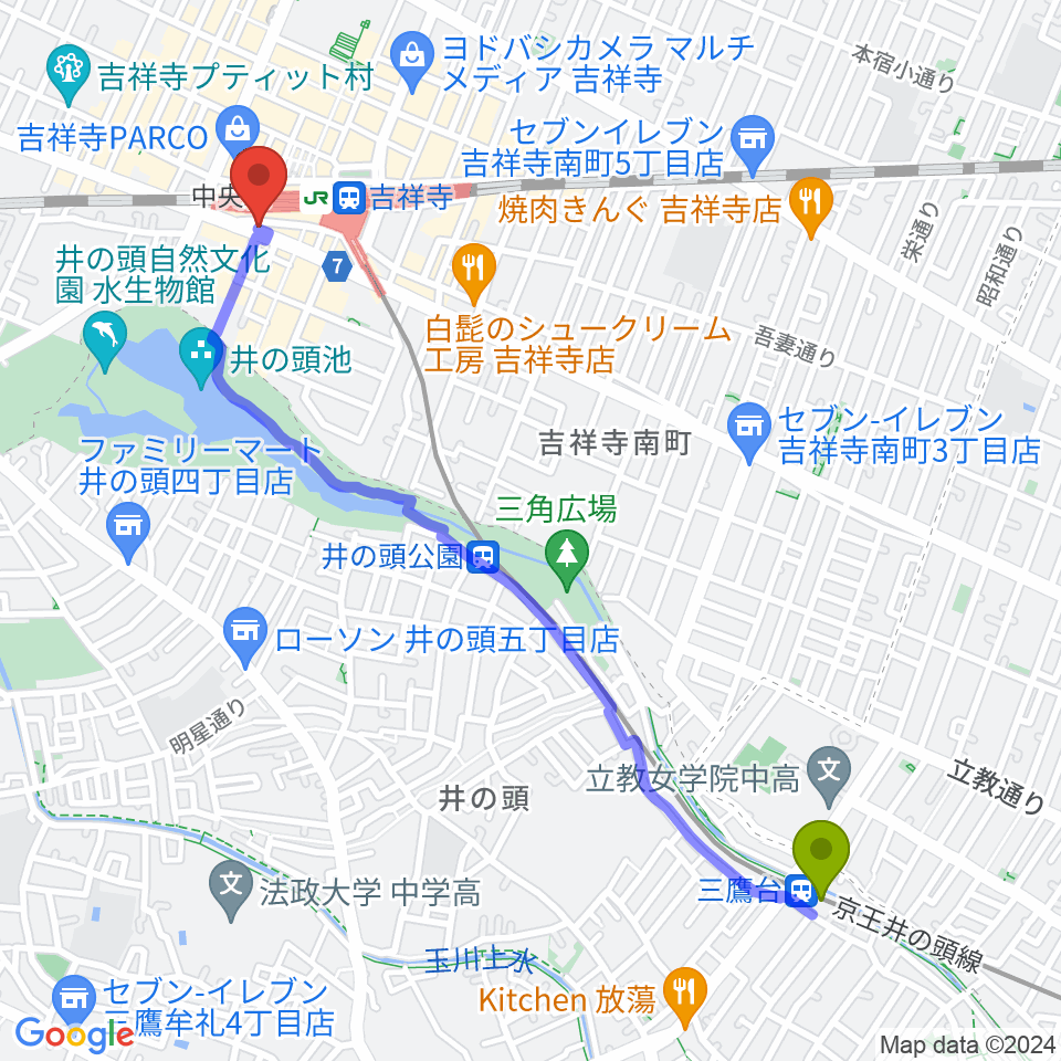 三鷹台駅から曼荼羅へのルートマップ地図