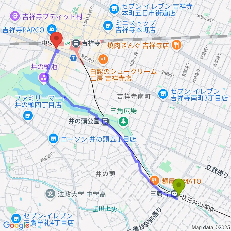 三鷹台駅から曼荼羅へのルートマップ地図