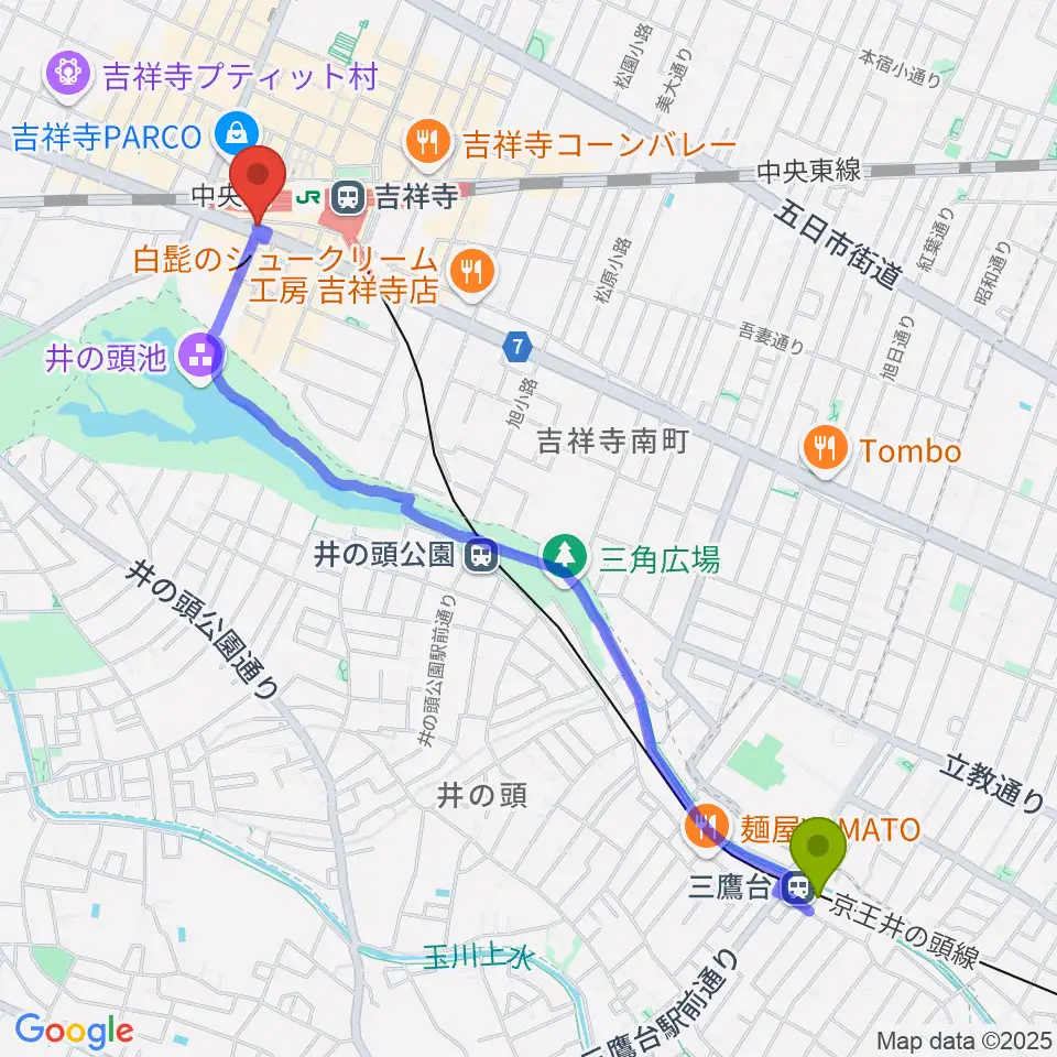 三鷹台駅から曼荼羅へのルートマップ地図