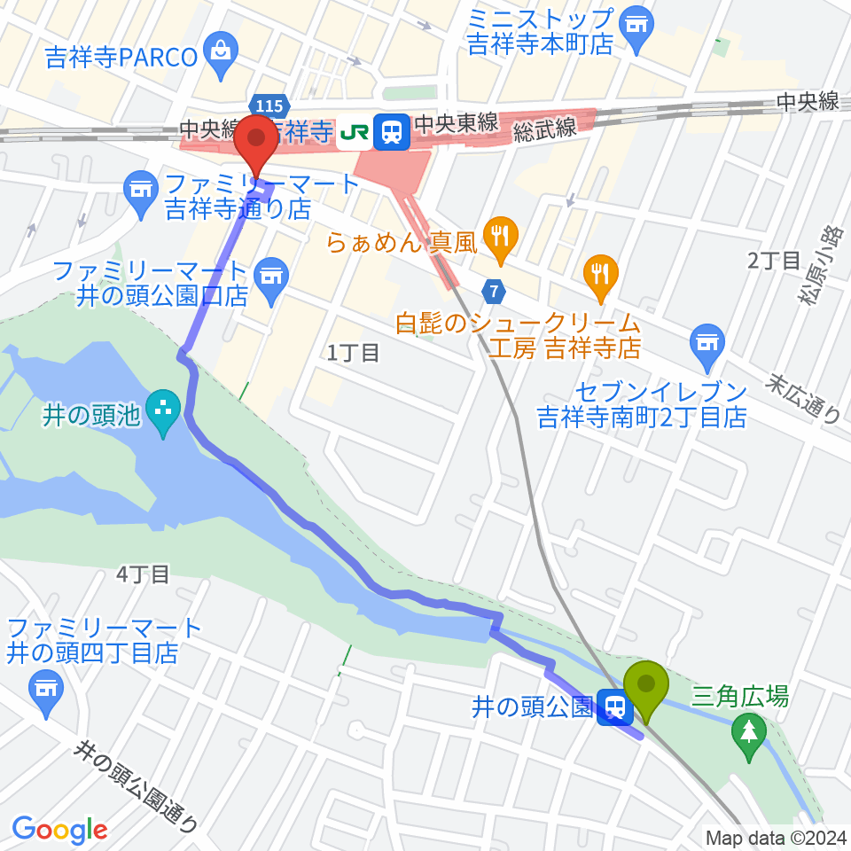 井の頭公園駅から曼荼羅へのルートマップ地図
