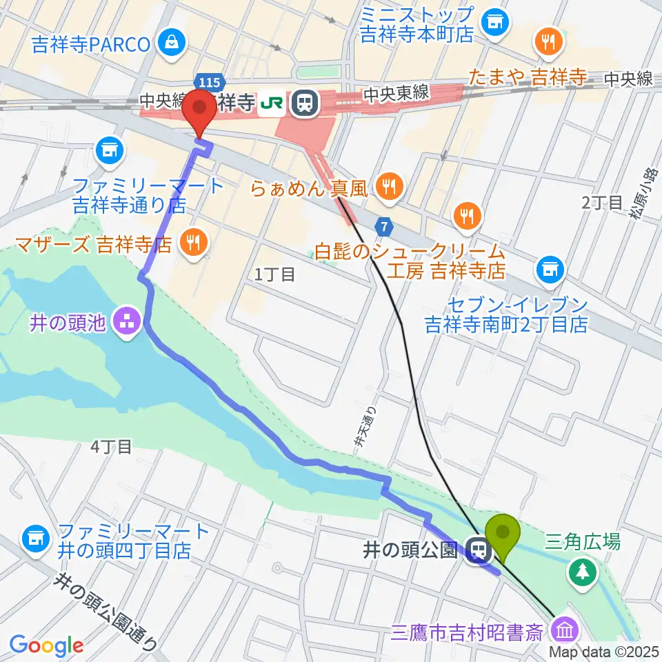 井の頭公園駅から曼荼羅へのルートマップ地図