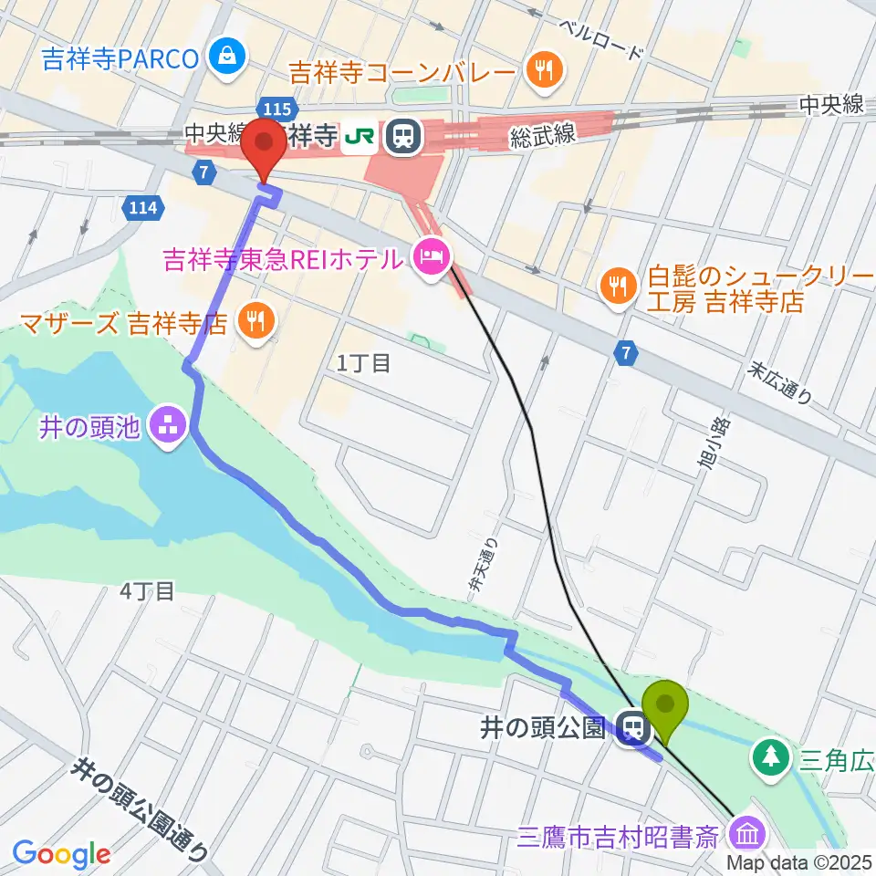 井の頭公園駅から曼荼羅へのルートマップ地図