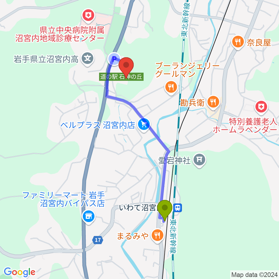 石神の丘美術館の最寄駅いわて沼宮内駅からの徒歩ルート（約15分）地図