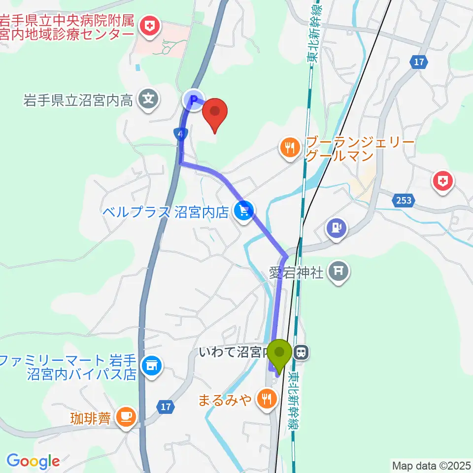 石神の丘美術館の最寄駅いわて沼宮内駅からの徒歩ルート（約15分）地図