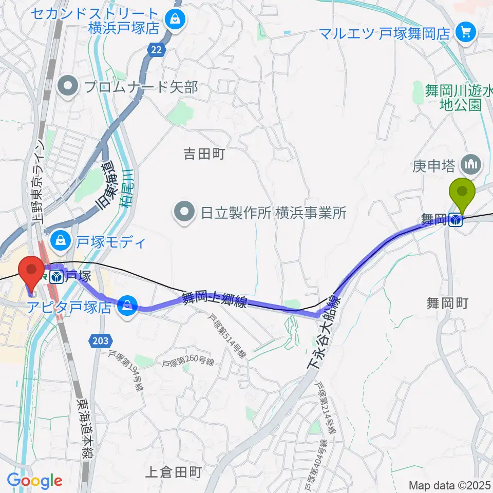 舞岡駅から戸塚区民文化センターさくらプラザへのルートマップ地図