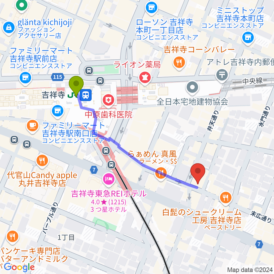 吉祥寺MANDA-LA2の最寄駅吉祥寺駅からの徒歩ルート（約4分）地図