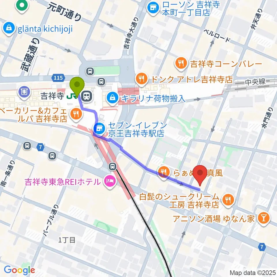 吉祥寺MANDA-LA2の最寄駅吉祥寺駅からの徒歩ルート（約4分）地図