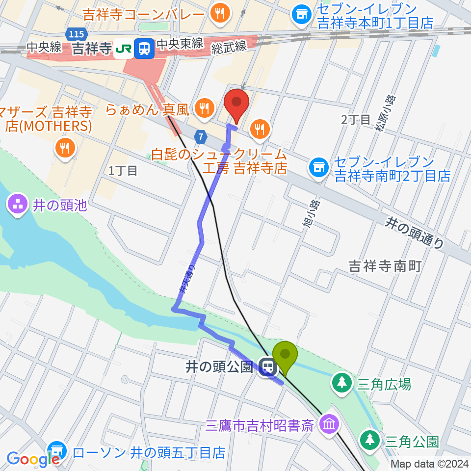 井の頭公園駅から吉祥寺MANDA-LA2へのルートマップ地図