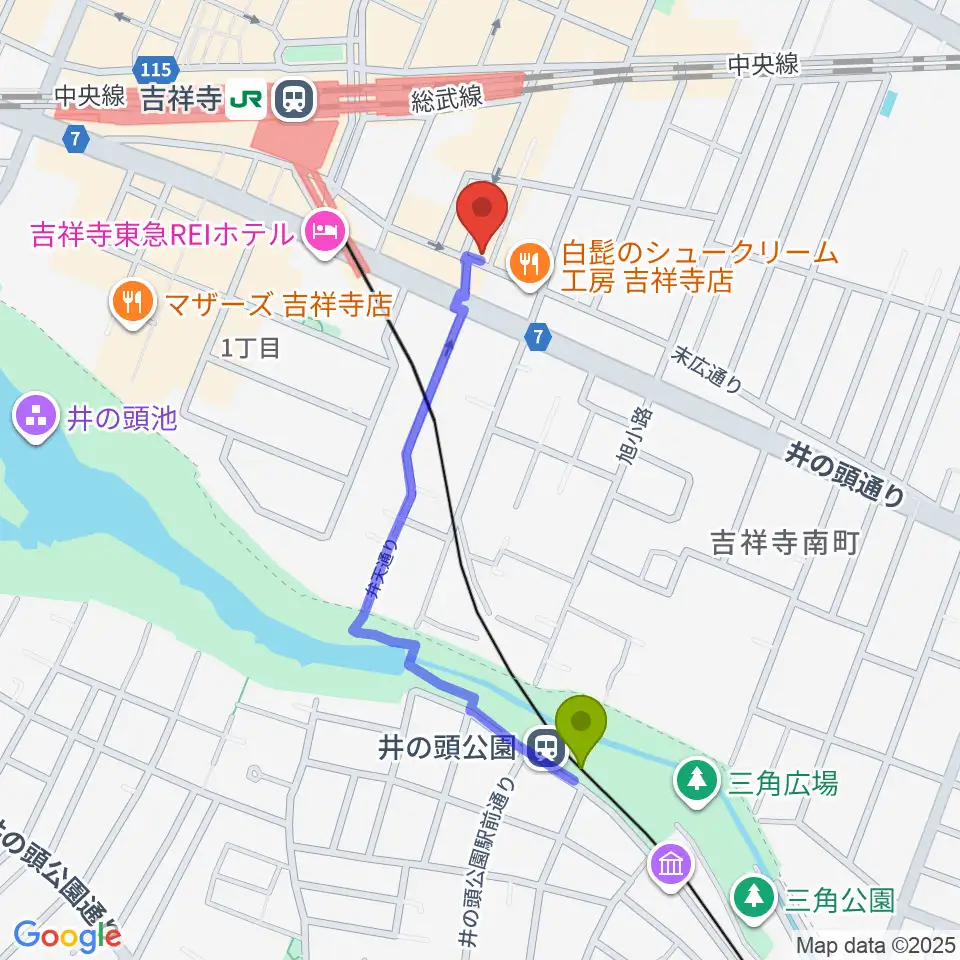 井の頭公園駅から吉祥寺MANDA-LA2へのルートマップ地図