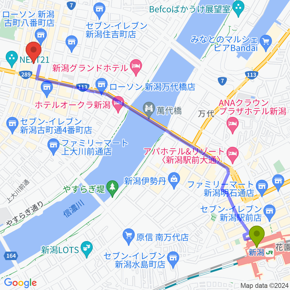 新潟駅から柳都SHOW!CASE!!へのルートマップ地図