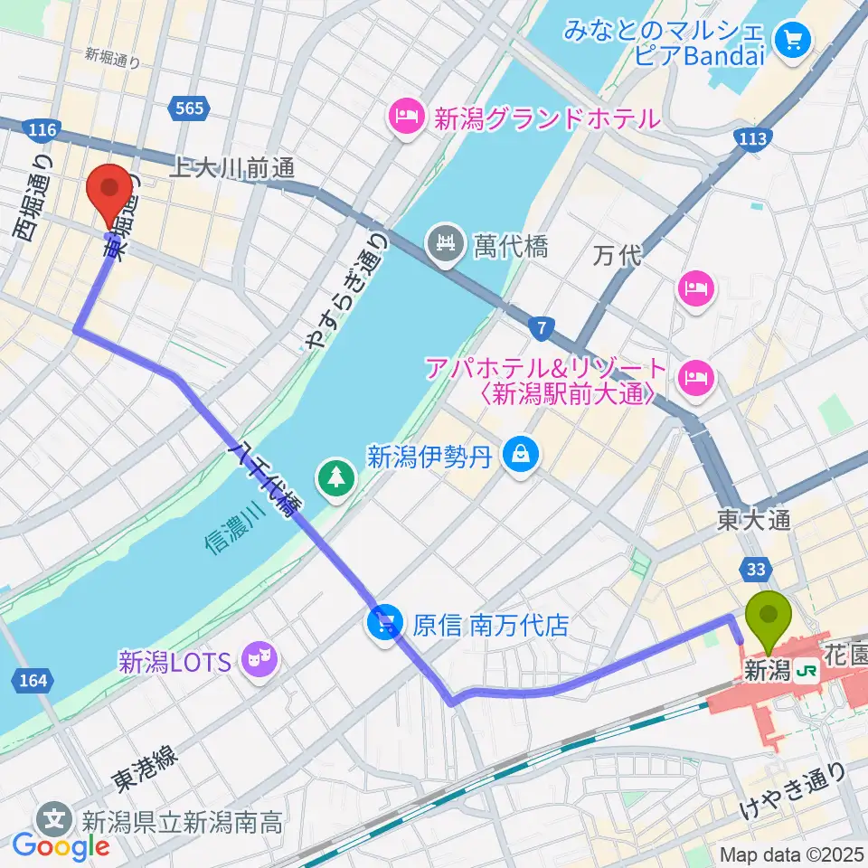 新潟古町えんとつシアターの最寄駅新潟駅からの徒歩ルート（約27分）地図