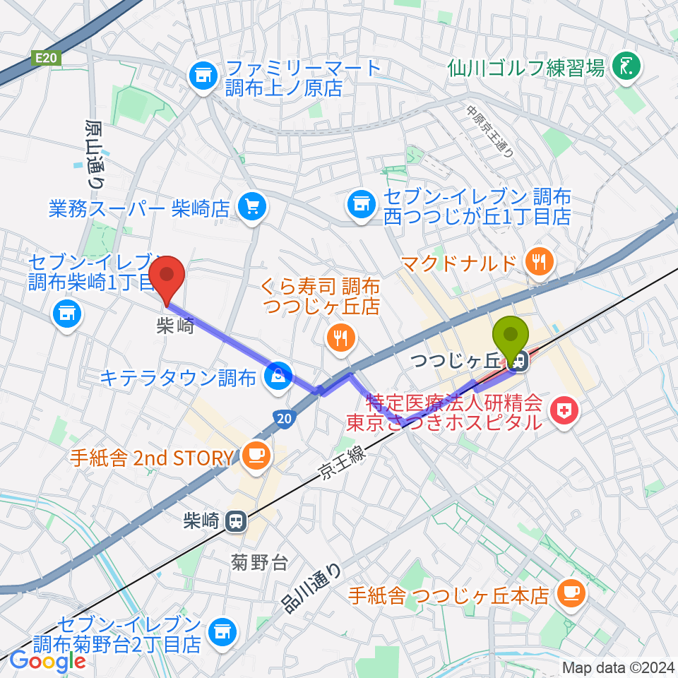 つつじヶ丘駅からユリミュージックキャンパス調布柴崎教室へのルートマップ地図