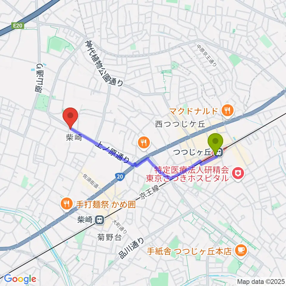 つつじヶ丘駅からユリミュージックキャンパス調布柴崎教室へのルートマップ地図