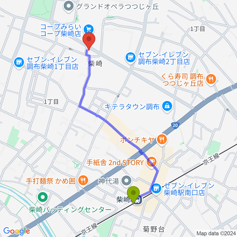 ユリミュージックキャンパス調布柴崎教室の最寄駅柴崎駅からの徒歩ルート（約10分）地図