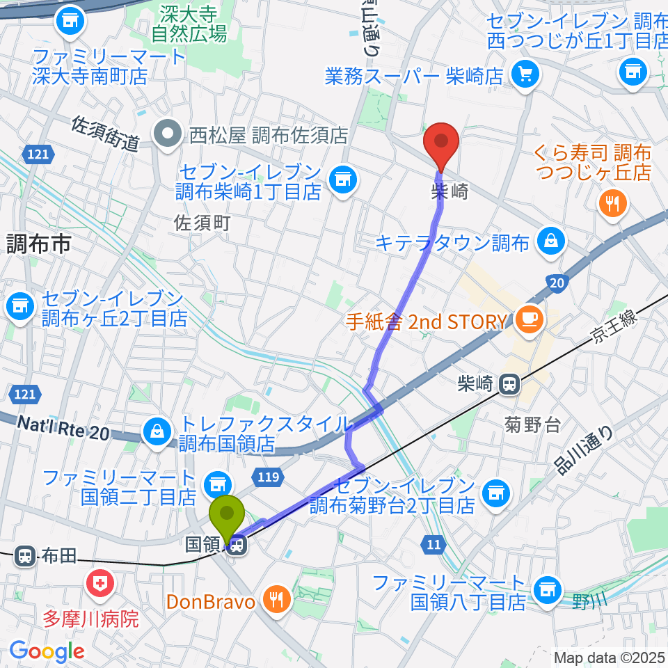 国領駅からユリミュージックキャンパス調布柴崎教室へのルートマップ地図