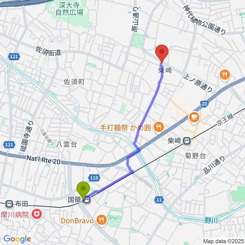 国領駅からユリミュージックキャンパス調布柴崎教室へのルートマップ地図