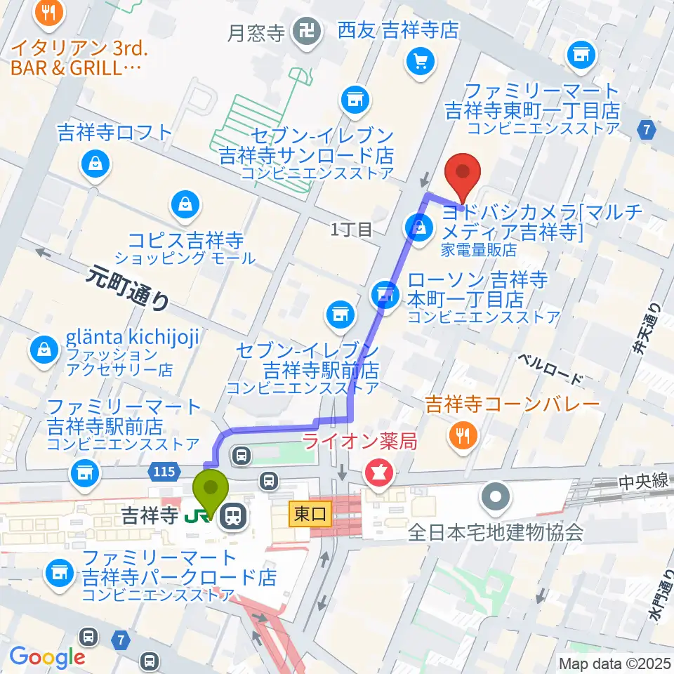 吉祥寺スターパインズカフェの最寄駅吉祥寺駅からの徒歩ルート（約5分）地図