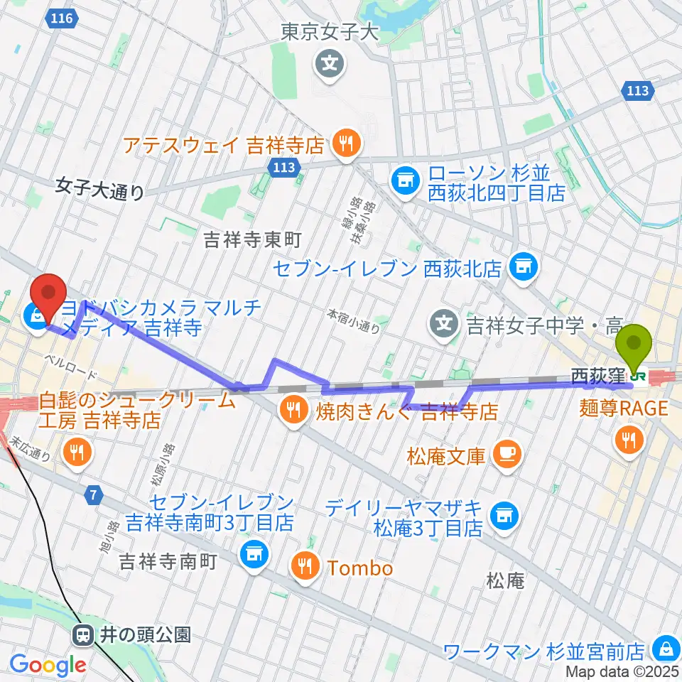西荻窪駅から吉祥寺スターパインズカフェへのルートマップ地図