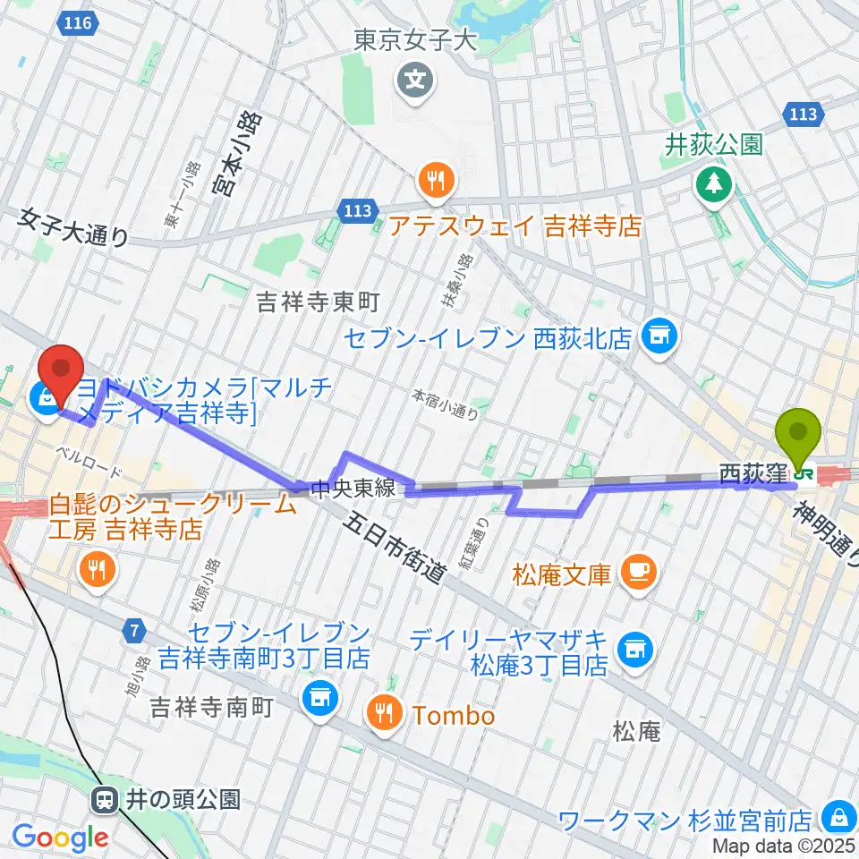 西荻窪駅から吉祥寺スターパインズカフェへのルートマップ地図